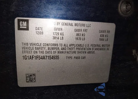 2010 Chevrolet Cobalt Lt z USA, uszkodzony, nr VIN 1G1AF1F54A7154935